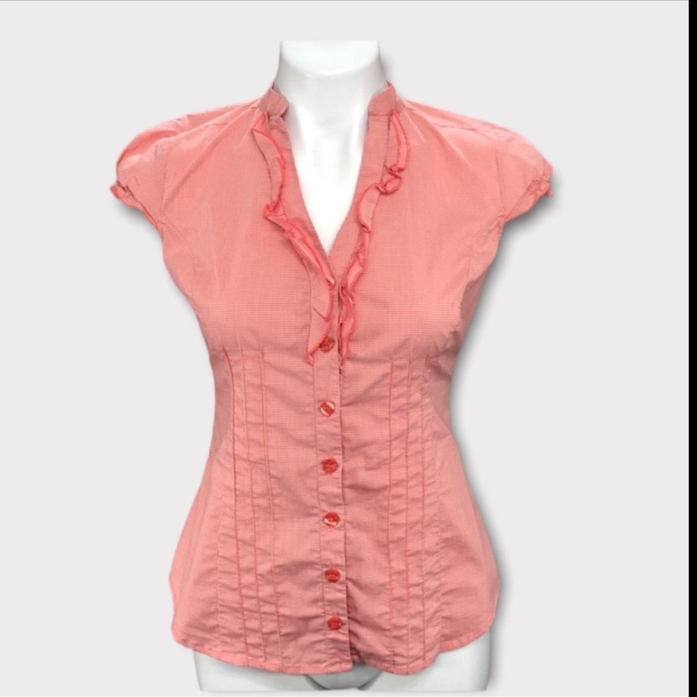 GUESS Fitted Button Down Blouse Ruffle Cap Sleeves Size Small